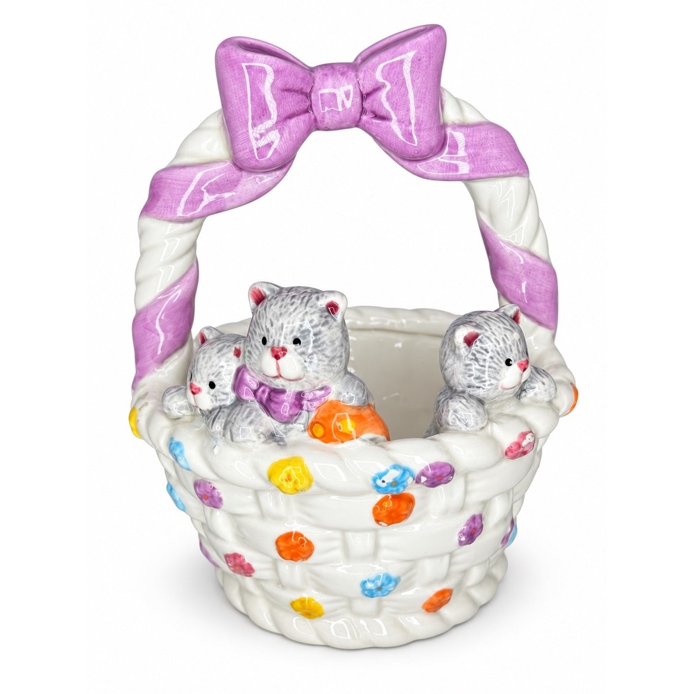 Vintage Ceramic Kitten Basket Planter Grey Cats Purple Bow Candy Dish 6.5in